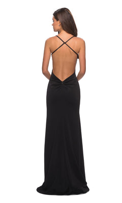 Backless Fitted Jersey Designer Prom Dress with Slit– PromGirl