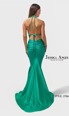 Woman in an emerald green, stretch-satin mermaid dress with a ruched fitted bodice and flared train. Text: Long Prom Dress: Jessica Angel 2766, Made in USA.