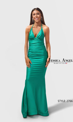 Model wearing the Long Prom Dress: Jessica Angel 2766 in Serpent, a floor-length stretch-satin halter gown with ruched bodice and mermaid silhouette. Made in USA for an elegant look and flawless fit.