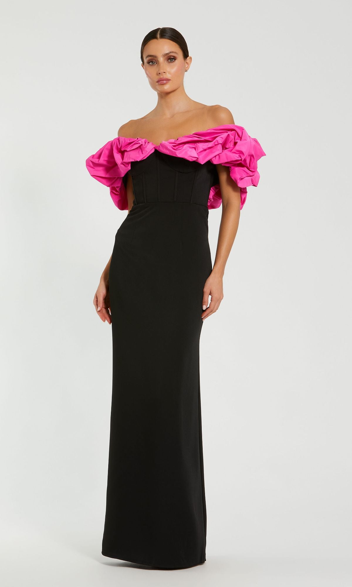 Black and Hot Pink Long Prom Dress with Ruffles– PromGirl
