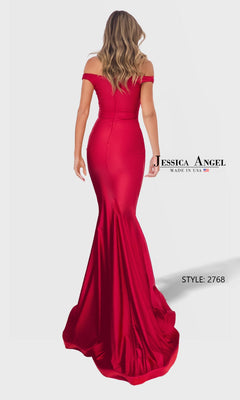 A woman is seen from the back wearing the Long Prom Dress: Jessica Angel 2768—a vibrant red, fitted, off-the-shoulder jersey gown.