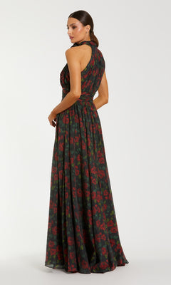 Woman wearing a floral patterned dress on a white background