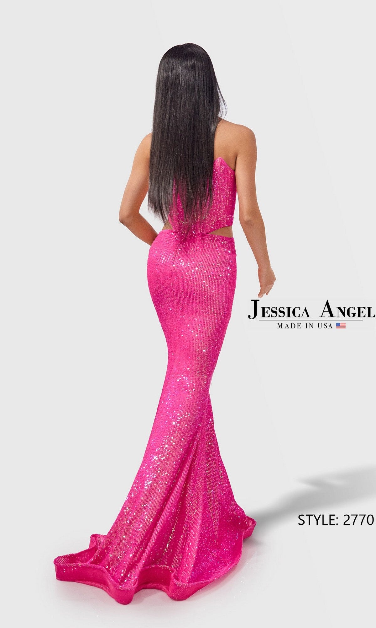 Woman facing away in a bright pink Long Prom Dress: Jessica Angel 2770, sequin floor-length mermaid style with a fitted silhouette. Text on image: 