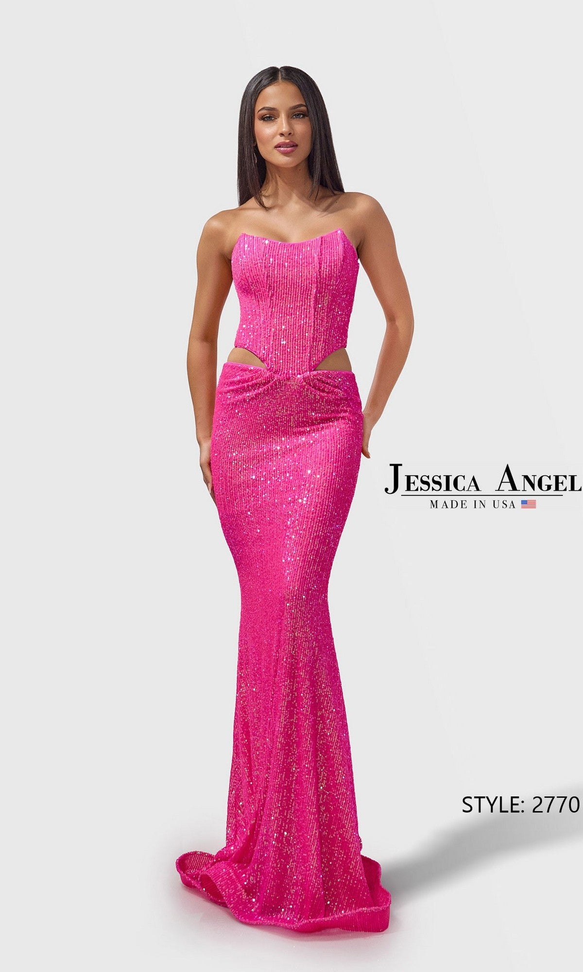 Woman models the Long Prom Dress: Jessica Angel 2770 in neon pink, featuring a fitted strapless design with side cutouts. She stands against a plain light background with text 