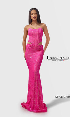 Woman models the Long Prom Dress: Jessica Angel 2770 in neon pink, featuring a fitted strapless design with side cutouts. She stands against a plain light background with text "Jessica Angel" and "Style: 2770" displayed.