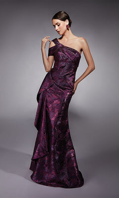 Woman wearing the Alyce 27701 long formal dress, a metallic purple one-shoulder gown with draped detailing, standing against a plain gray background.