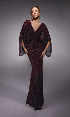 A woman poses against a plain gray background wearing the Alyce 27703 long formal dress in dark burgundy, featuring floor-length style and batwing sleeves.