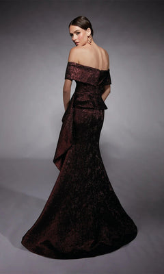 A woman in the Alyce 27707 long formal dress with an off-the-shoulder neckline and fit-and-flare jacquard design stands with her back to the camera against a gray background—an elegant choice for a mother-of-the-bride.