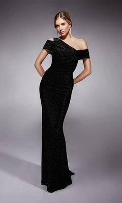 A woman poses against a neutral grey background wearing the Alyce 27709 long formal dress in black, featuring a fitted silhouette, velvet fabric, off-the-shoulder asymmetric neckline, and subtle patterns.