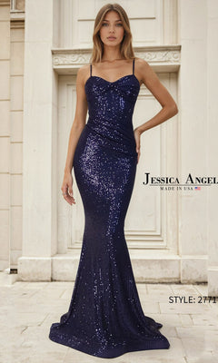 A woman in the Jessica Angel 2771 Long Prom Dress, featuring a fitted mermaid silhouette with thin straps and navy sequins, stands before a light stone building. Text: "Jessica Angel" and "STYLE: 2771".