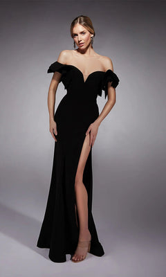 A woman stands against a plain, light-gray background wearing the Alyce 27713 long formal dress in black, featuring an off-shoulder design with a high slit.