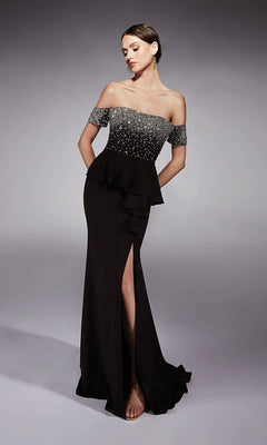 A woman poses against a plain gray background in the Alyce 27715 long formal dress, featuring a black off-the-shoulder style with sparkling embellishments, peplum bodice, and a thigh-high slit that enhances its fit and flare silhouette.