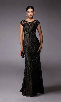 A woman poses against a plain gray background wearing the Alyce 27716 long formal dress in Black/Taupe, paired with a small black clutch.