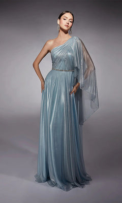 A woman wears the Alyce 27719 Long Formal Dress in Silver Lake—a shimmery, light blue one-shoulder gown with a belted waist and sheer draped sleeve—standing against a plain gray background.