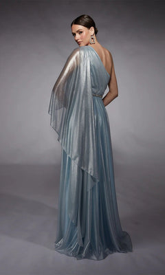 A woman poses gracefully against a plain grey background in the shimmering, light blue one-shoulder Alyce 27719 long formal dress featuring a sheer cape.