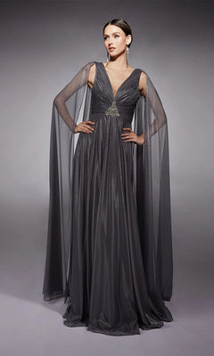 A woman models the Alyce 27720 long formal dress in gunmetal, featuring metallic chiffon, sheer cape sleeves, and a deep V neckline—an elegant mother-of-the-bride choice against a plain gray backdrop.