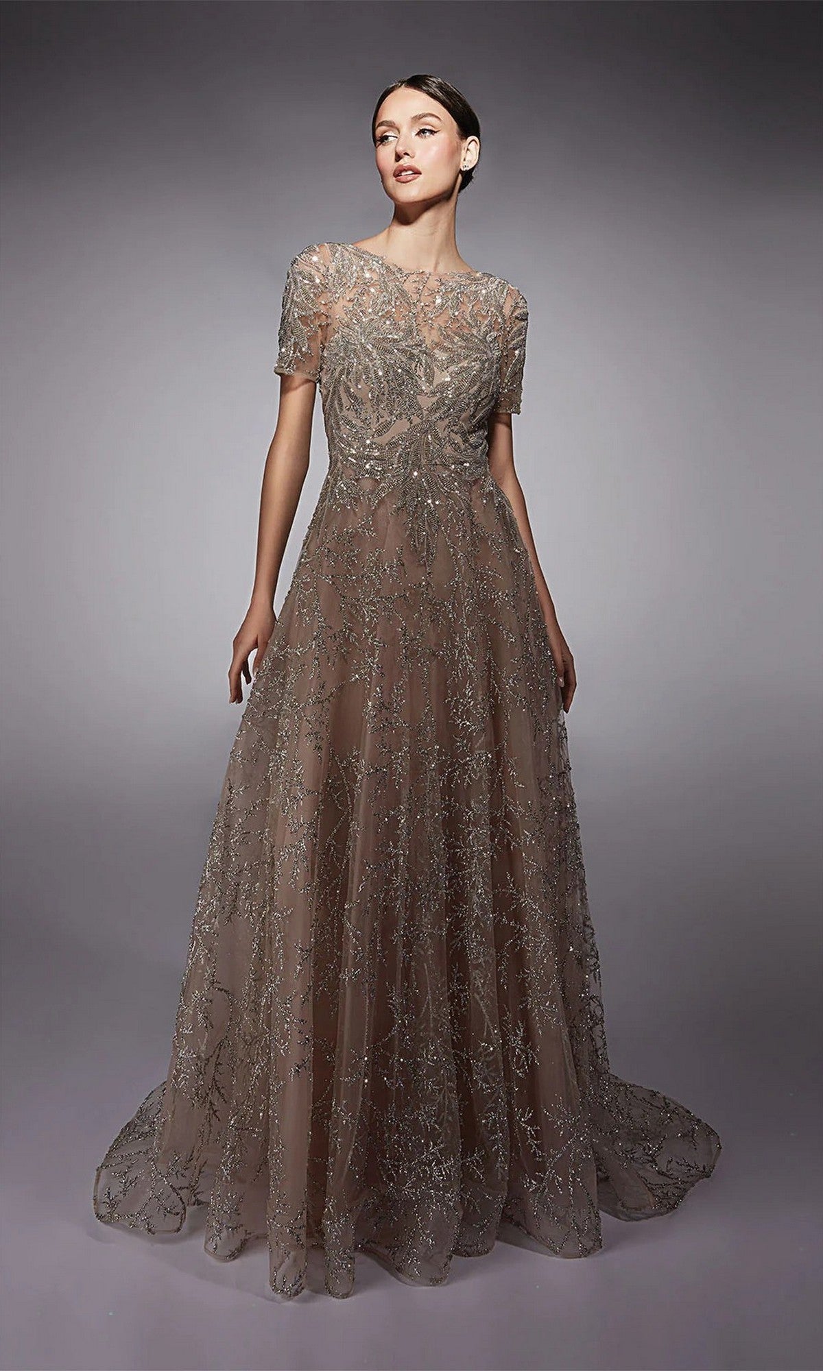 A woman wears the Alyce 27726 Long Formal Dress, a floor-length sheer gown with short sleeves, detailed beadwork, glitter tulle train, and stands against a plain gray background.