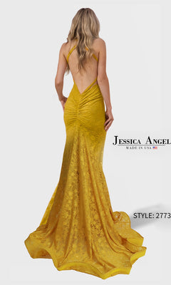 Woman in a yellow lace-patterned, ruched long prom dress, open-back style. She stands with her back to the camera. Text on image: "Jessica Angel" and "Long Prom Dress: Jessica Angel 2773.