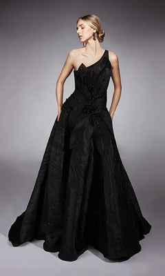 A woman models the Alyce 27730 long formal dress, featuring a one-shoulder jacquard design with floral textured fabric—ideal for a mother-of-the-bride look—against a neutral background.
