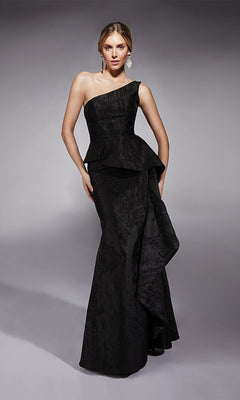 A woman poses against a plain gray studio background in the Alyce 27732 long formal dress, a fitted black gown featuring an asymmetric peplum and side draping.