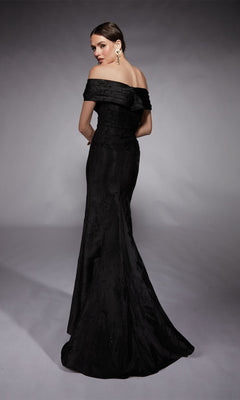Woman wearing the Alyce 27733 long formal dress with a jacquard mermaid silhouette, posing with her back slightly turned against a plain gray background—ideal for elegant evening events.