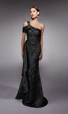 A woman wears the Alyce 27734 Long Formal Dress in Dripping Diamonds (Silver), a floor-length, one-shoulder gown with draped detail, ideal for a mother of the bride, standing against a plain gray background.