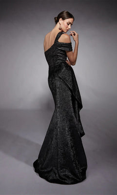 A woman poses with her back to the camera in the fitted, off-shoulder, textured black Alyce 27734 long formal dress against a plain gray background.