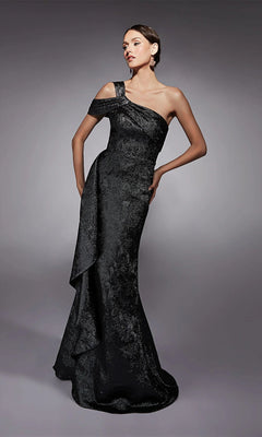 A woman poses against a plain gray background wearing the Alyce 27734—a black, textured, one-shoulder long formal dress with an asymmetrical design.