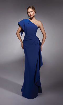 A woman poses in the Alyce 27738 long formal dress, featuring a floor-length, one-shoulder design with draped detailing and statement earrings, set against a gray background.
