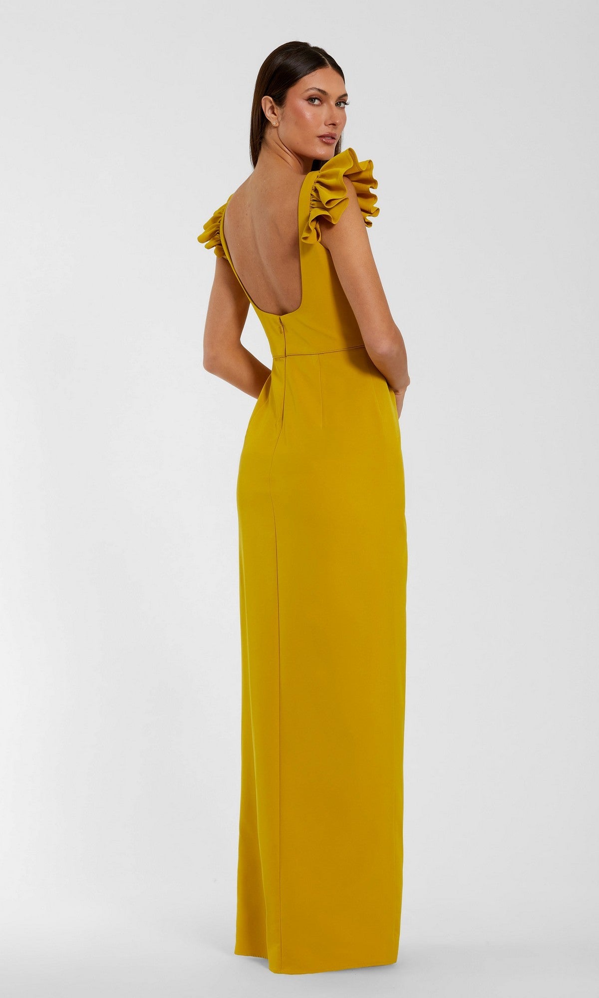 Purple Square Neck Ruffle Slit Gown