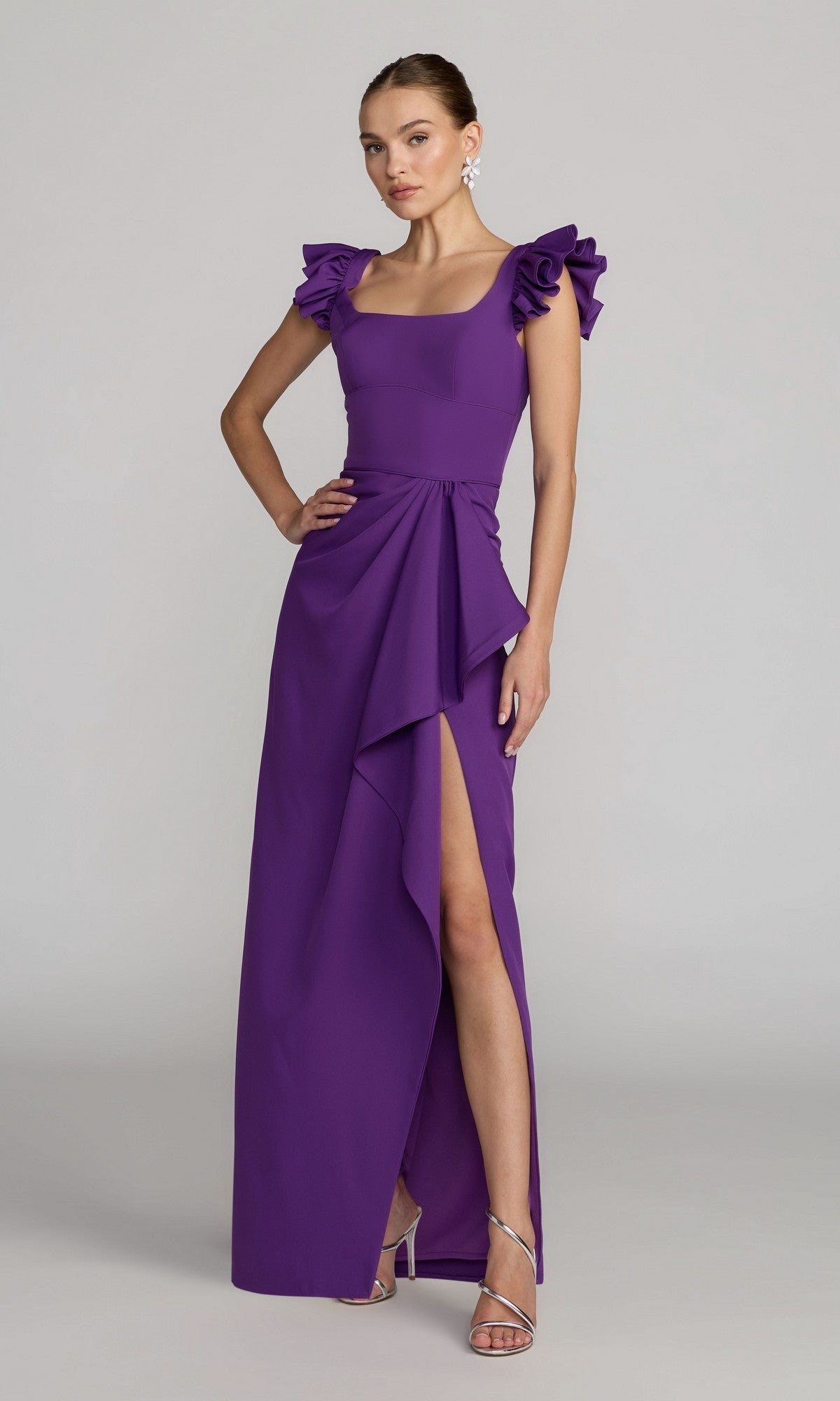 Purple Square Neck Ruffle Slit Gown