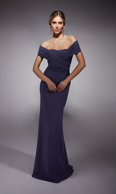 A woman poses in a studio wearing the Alyce 27745 long formal dress in dark purple, featuring off-the-shoulder styling and ruched detailing with drop earrings—an elegant look ideal for prom night.