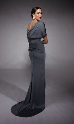 A woman poses in the Alyce 27748 long formal dress, featuring a fitted slate gray satin design with off-the-shoulder sleeves, ruched bodice, and slight train, set against a plain studio backdrop.