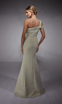 A woman stands with her back to the camera on a plain gray background, wearing the Alyce 27749 long formal dress featuring a light-colored jacquard fabric and a fitted sheath silhouette.