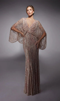 A woman poses in the Long Formal Dress: Alyce 27756, a fitted floor-length evening gown featuring shimmery geometric patterns and sheer cape sleeves—an elegant mother-of-the-bride option.