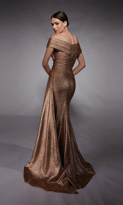 A woman in the Alyce 27767 long formal dress, with a metallic bronze sheen and off-the-shoulder design, stands facing away and glances over her shoulder against a neutral background.