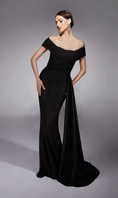 A woman poses in the Alyce 27767, a black, off-the-shoulder long formal dress with a draped sash and floor-length hem—ideal as a mother-of-the-bride gown—against a plain gray background.