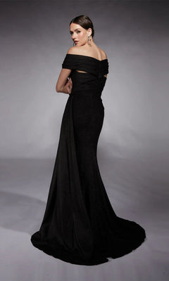 A woman models the Alyce 27767 long formal dress—a floor-length, off-the-shoulder gown with a fitted bodice and flared skirt—against a gray background, perfect as an elegant mother-of-the-bride choice.