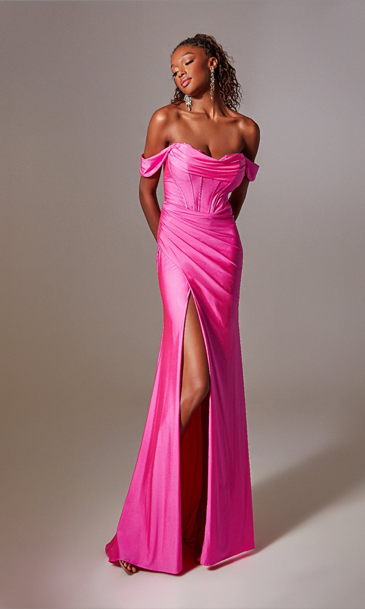 Lace-Up Off-the-Shoulder Long Prom Dress with Corset Pine / 6 Lace-Up Off-the-Shoulder Long Prom Dress with Corset Pine / 6