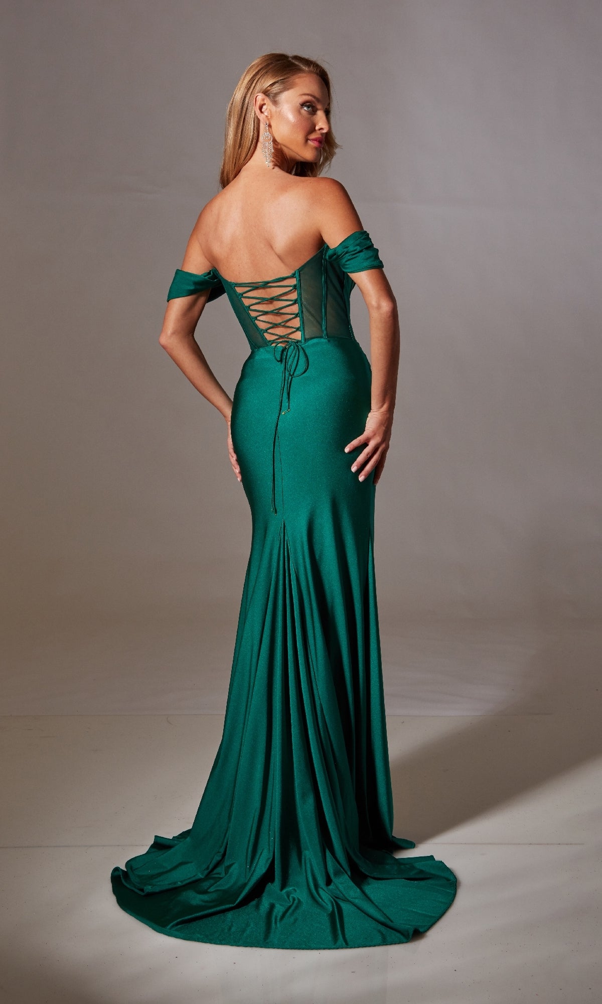 Lace-Up Off-the-Shoulder Long Prom Dress with Corset Pine / 6