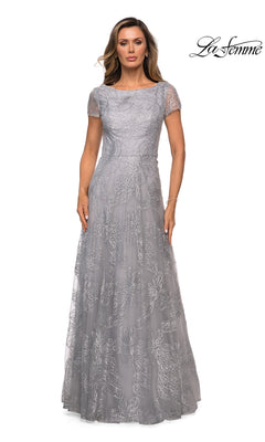 La Femme 27837 silver cap-sleeve floor-length evening gown featuring a floral embroidered overlay.
