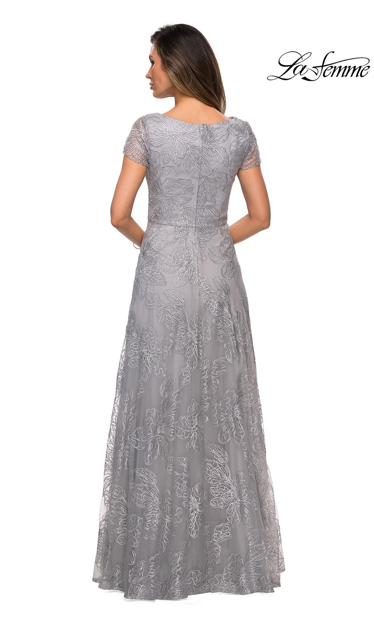 Back view of a grey floor-length sequin lace Long Formal Dress: La Femme 27837 with short sleeves and floral embroidery.