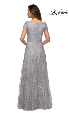 Back view of a grey floor-length sequin lace Long Formal Dress: La Femme 27837 with short sleeves and floral embroidery.