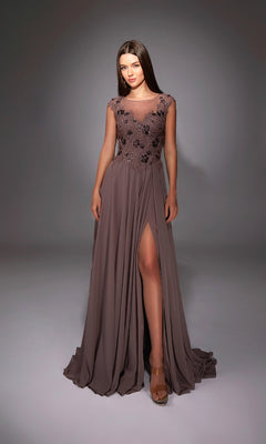 A woman wearing the Long Formal Dress: Alyce 27842, a sleeveless mauve evening gown with floral bodice embellishments and a thigh-high slit, stands against a neutral background.
