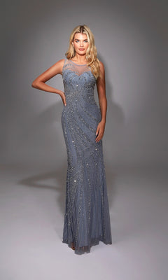 A woman models the Alyce 27846 long formal dress in French Blue/Silver, a sleeveless sheath evening gown with intricate beadwork, standing against a plain gray background.