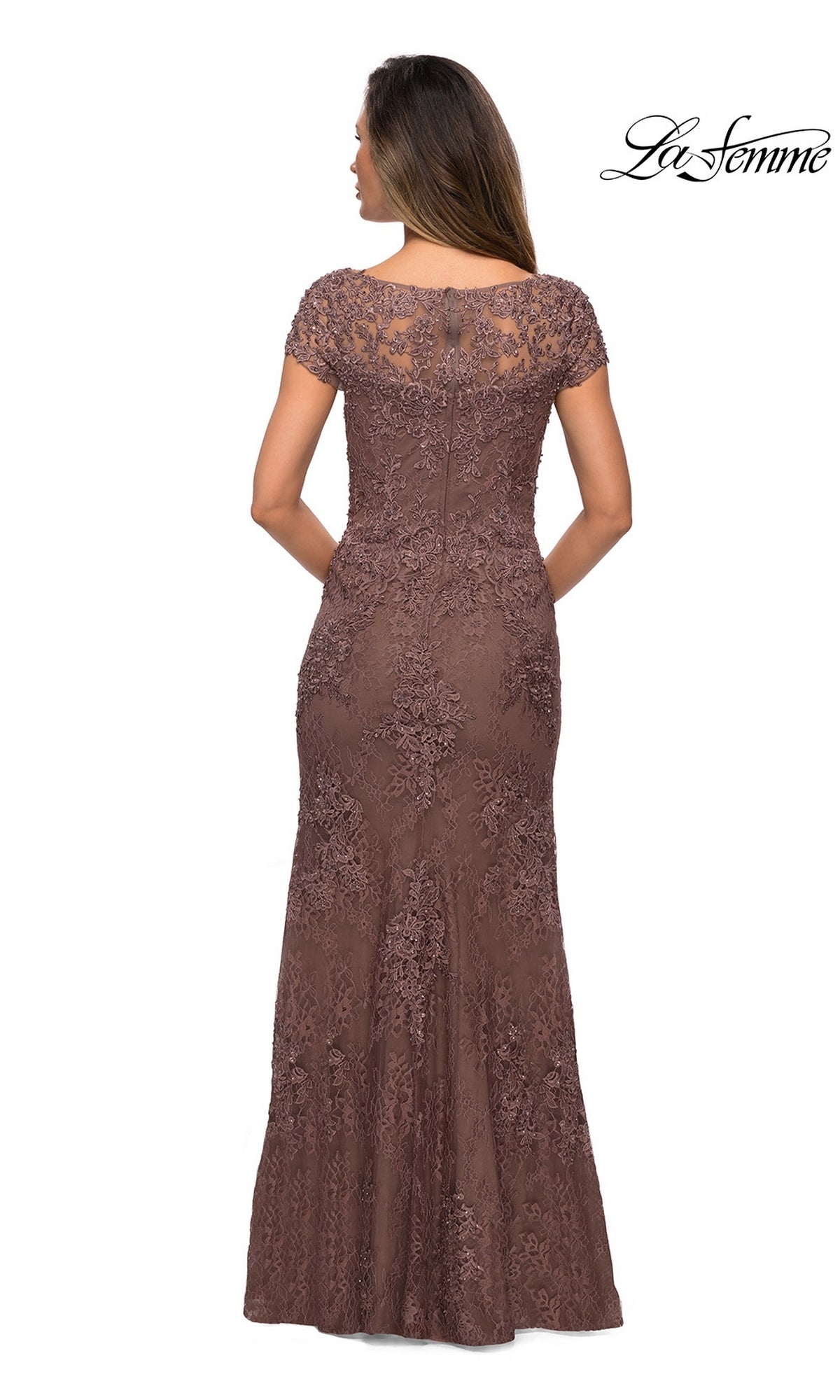 Back view of the Long Formal Dress: La Femme 27856, a brown floor-length lace sheath gown with short sleeves and an illusion neckline.