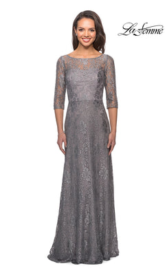 La Femme 27857 platinum gray floor-length A-line lace gown with three-quarter sleeves and a high illusion boat neckline.
