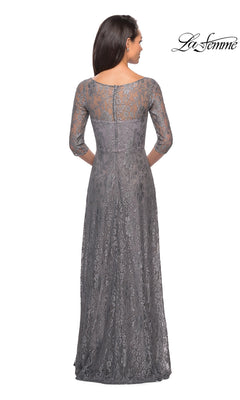 Back view of the Long Formal Dress: La Femme 27857, a floor-length gray A-line lace dress with three-quarter sleeves and a scoop neckline.
