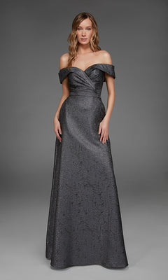 A woman wears the Alyce 27882 long formal dress in espresso, featuring an off-the-shoulder design, fitted bodice, and subtle jacquard texture, set against a plain gray background.