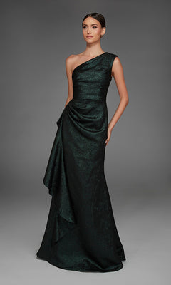 A woman wearing the Alyce 27885 long formal dress in forest green, featuring a one-shoulder design with draped detailing, stands against a plain gray background.